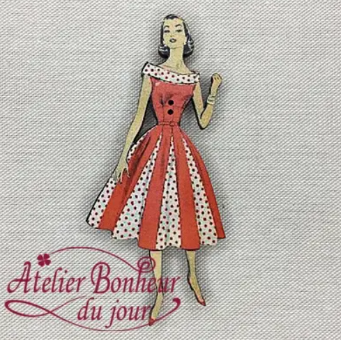 フランス製 木製ボタン　赤い水玉ドレスの女性